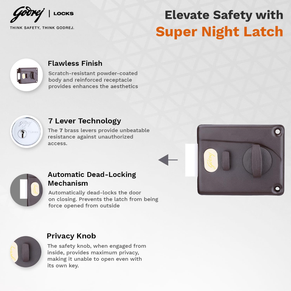 Godrej Rim Lock l Night Latch I 1CK Latchbolt l for Inside Opening Main & Safety Door I Left or Right-Handed Doors l 3 Keys l 5-Year Warranty l Textured Brown